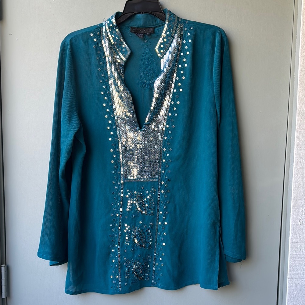 Ninety Blue Embellished Tunic with Mandarin Collar